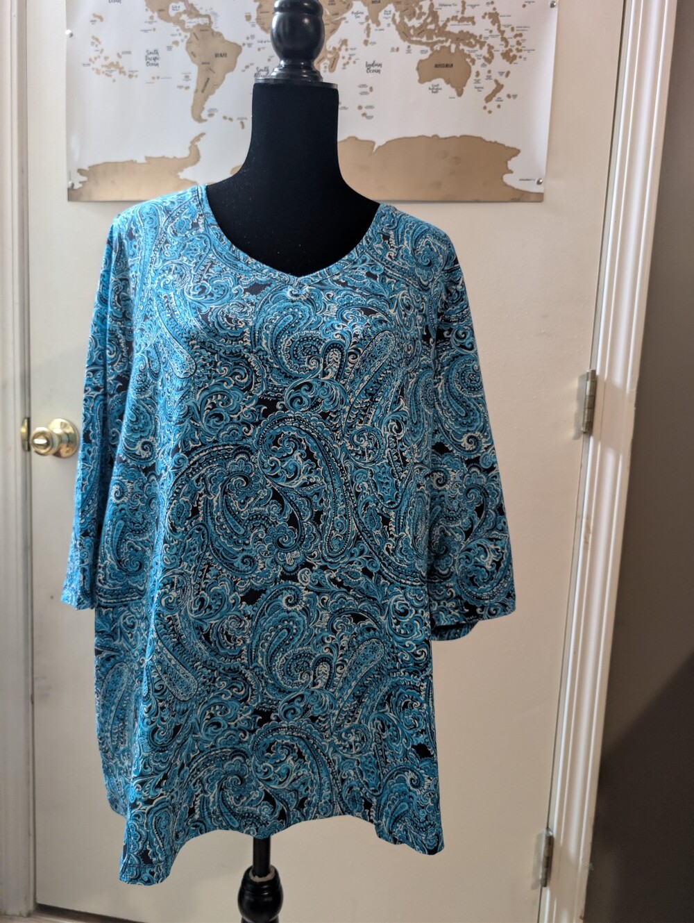 Catherines Suprema Collection 1XWP Petite Turquoise Blue Paisley Tunic Top Cotto
